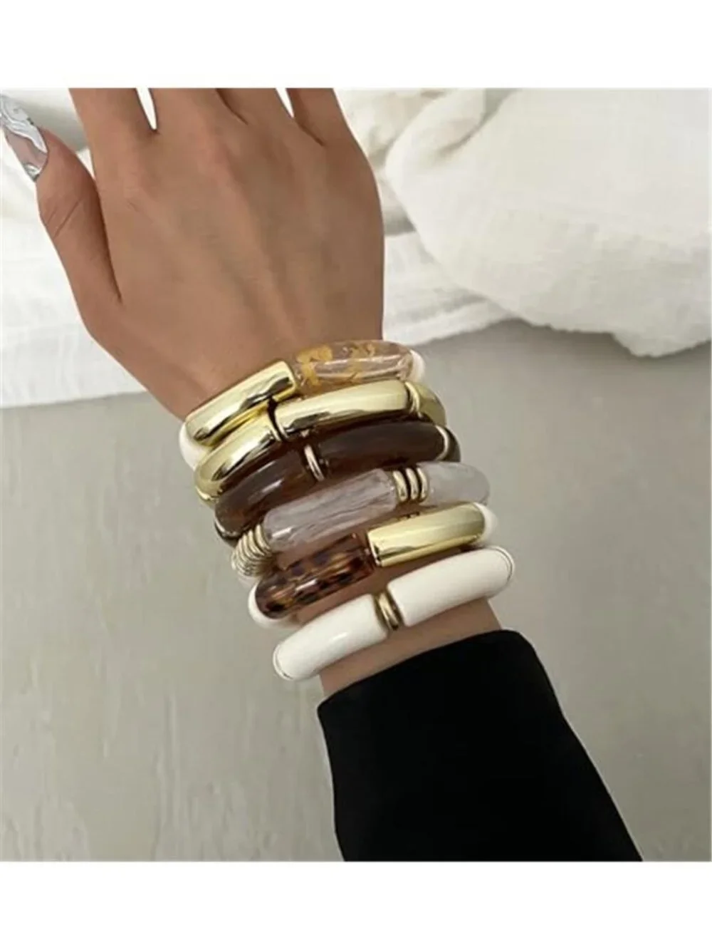 6pcs Chunky Acrylic Bangle Bracelets for Women, Resin Bamboo Brown